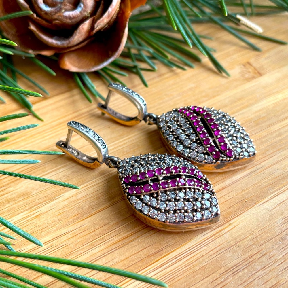 925 Sterling Silver, Ruby & Topaz, Drop Earrings - Picture 7 of 8
